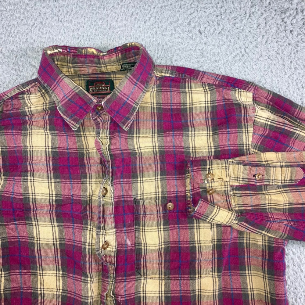 Vtg Greatland Apparel Button Up Shirt Men L Burgundy Tan Plaid L/S Western Cabin